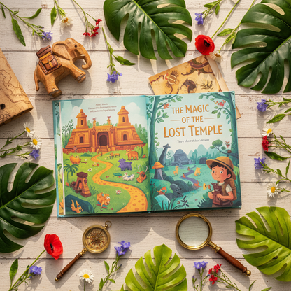 The Magic of the Lost Temple book with toy elephant, tropical leaves, magnifying glass and wildflowers — children's lifestyle flat lay