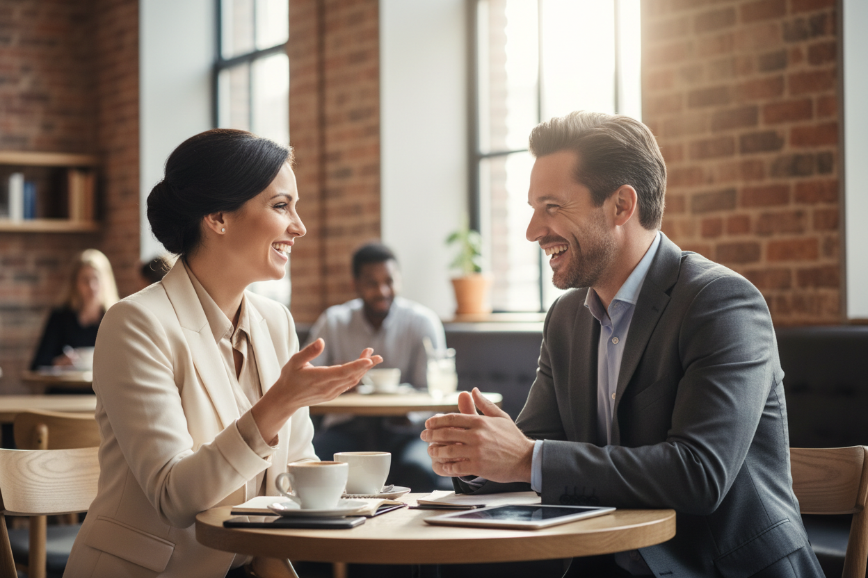 Two professionals having a confident, engaging conversation – lifestyle image