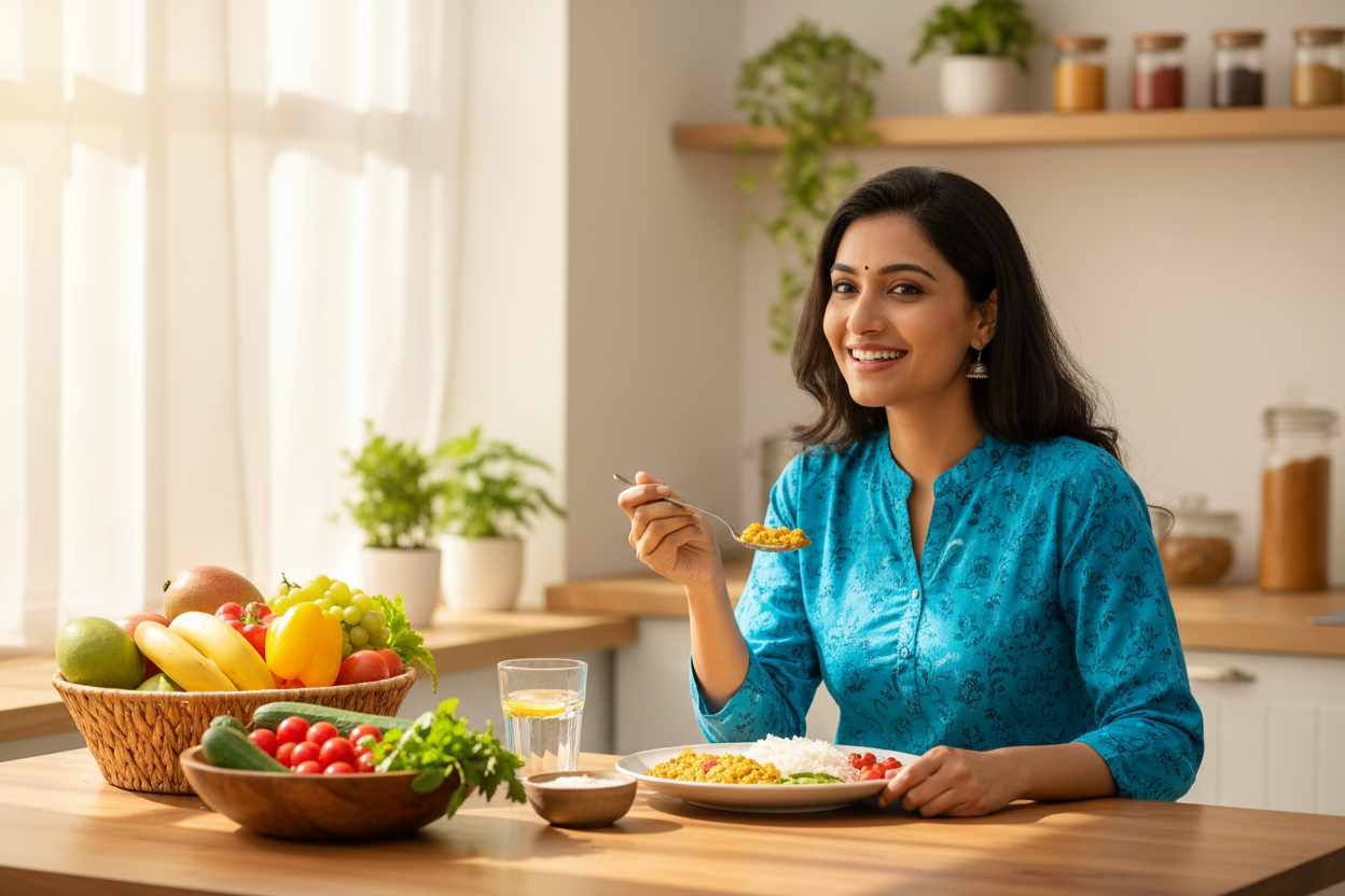 Woman enjoying a wholesome Indian home-cooked meal – lifestyle image